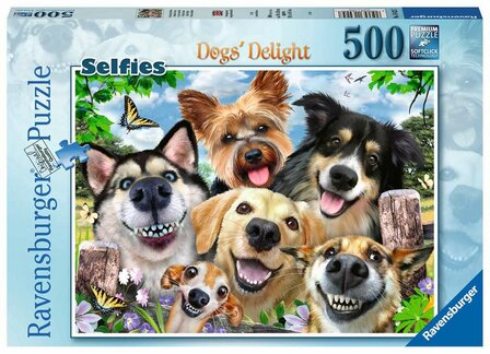 Ravensburger selfie vrolijke honden puzzel 500 stukjes deuk in deksel