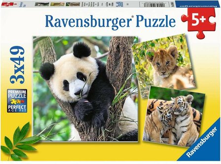 Ravensburger kinderpuzzels 3x49 stukjes Panda, tijger en leeuw